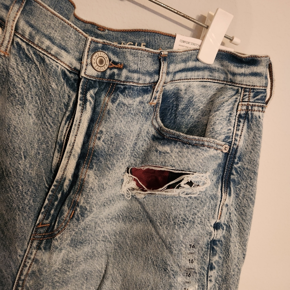 AE Highest Waist Light Wash Ripped 90's Boyfriend Jean with Plaid Lining